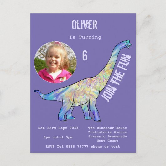 Invitation Carte Postale Dinosaure Brachiosaurus Filles Anniversaire Purple (Devant)