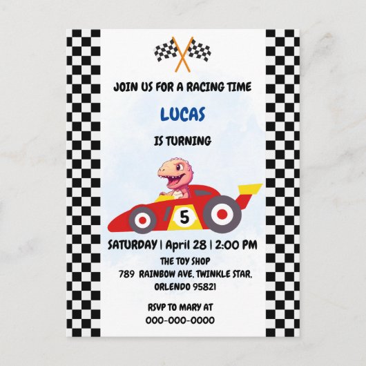Invitation Carte Postale Dinosaure rose rouge voiture de course garçon anni (Devant)
