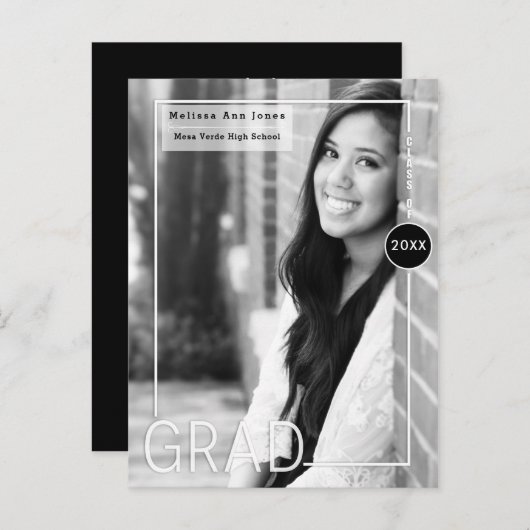 Invitation Carte Postale Diplômé noir blanc photo moderne (Devant / Derrière)