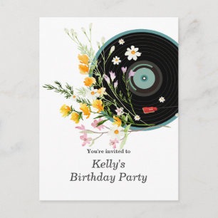 Invitation Carte Postale Disque vinyle, musique oldies rustique, fleurs, ad