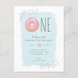 Invitation Carte Postale Donut rose pâle avec arrosage 1er anniversaire