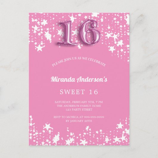 Invitation Carte Postale Douce 16 étoiles blanches roses (Devant)
