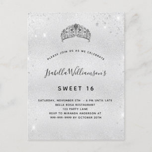 Invitation Carte Postale Douce 16 tiara parties scintillant argent