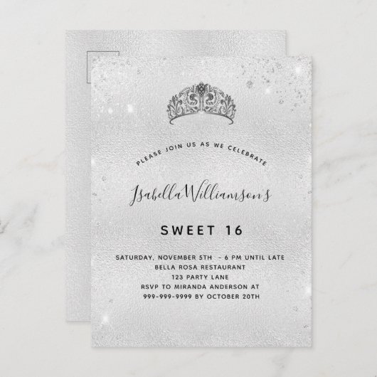 Invitation Carte Postale Douce 16 tiara parties scintillant argent (Devant / Derrière)