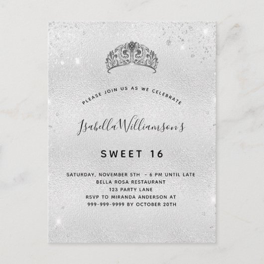 Invitation Carte Postale Douce 16 tiara parties scintillant argent (Devant)