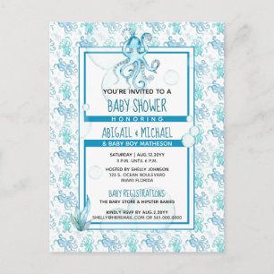 Invitation Carte Postale Douce Fête de Naissance Pieuvre Bleu Turquoise C'e