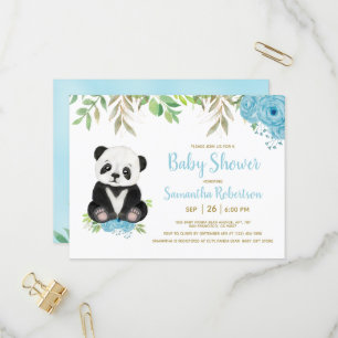 Invitation Carte Postale Douce Ourson Aquarelle Bleu Verdure Garçon Baby Sh