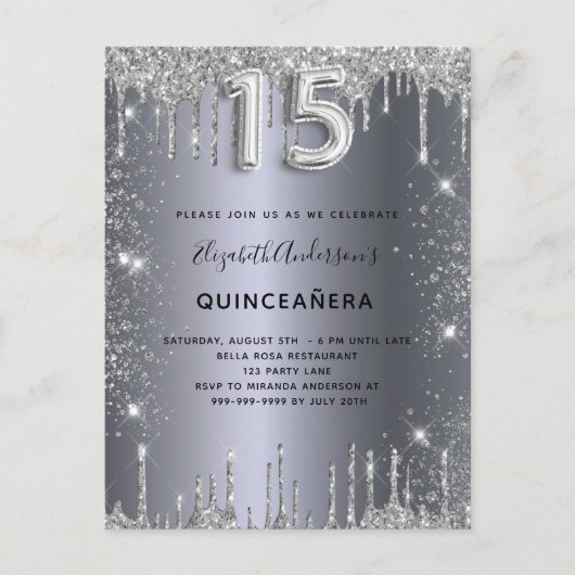 Invitation Carte Postale Douceur de parties scintillant en argent de Quince (Devant)