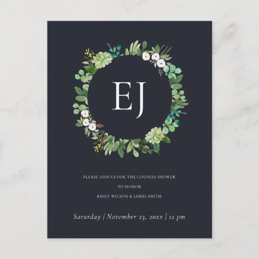 INVITATION CARTE POSTALE DOUCHE DE MONOGRAMME DE WREATH FOLIAGE DE KRAFT NO (Devant)
