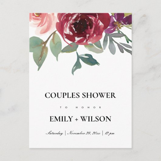 INVITATION CARTE POSTALE DOUCHE FLORALE COUPLES D'EAU ROSE ROSE BLANCHE (Devant)
