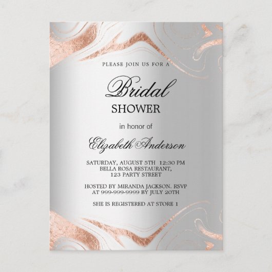 Invitation Carte Postale Douche nuptiale argent rose or marbre élégant (Devant)