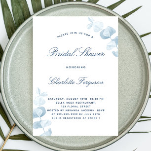 Invitation Carte Postale Douche nuptiale blanche bleu poussiéreux à eucalyp