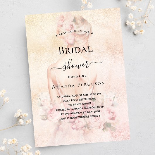 Invitation Carte Postale Douche nuptiale blonde mariée rose or blush
