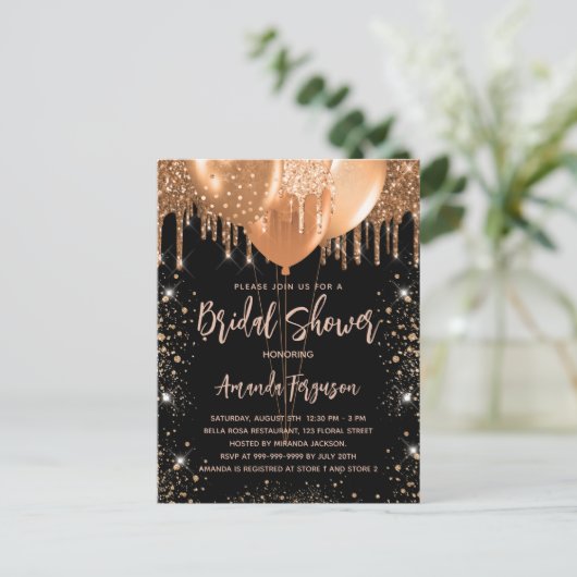 Invitation Carte Postale Douche nuptiale noir ballon parties scintillant or (Debout devant)