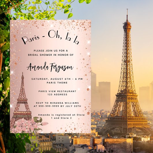 Invitation Carte Postale Douche nuptiale Paris Tour Eiffel or rose
