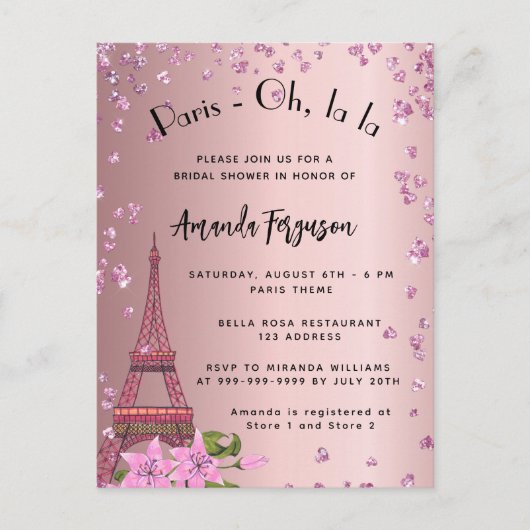 Invitation Carte Postale Douche nuptiale Paris Tour Eiffel rose (Devant)