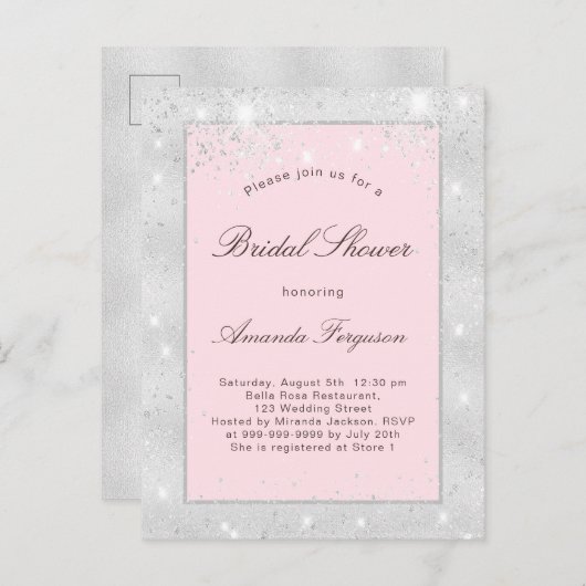 Invitation Carte Postale Douche nuptiale rose brillant parties scintillant (Devant / Derrière)