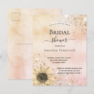 Invitation Carte Postale Douche nuptiale rose or rustique tournesol