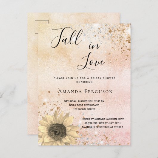 Invitation Carte Postale Douche nuptiale rose or tournesol rustique chute (Devant / Derrière)