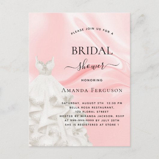 Invitation Carte Postale Douche nuptiale rose parties scintillant robe blan (Devant)