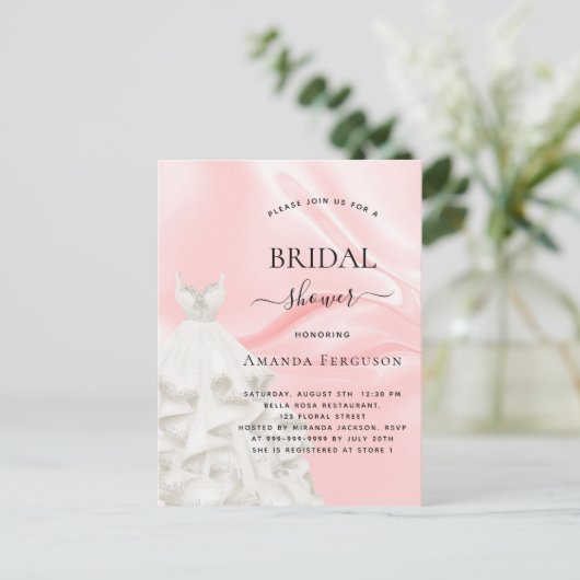 Invitation Carte Postale Douche nuptiale rose parties scintillant robe blan (Debout devant)