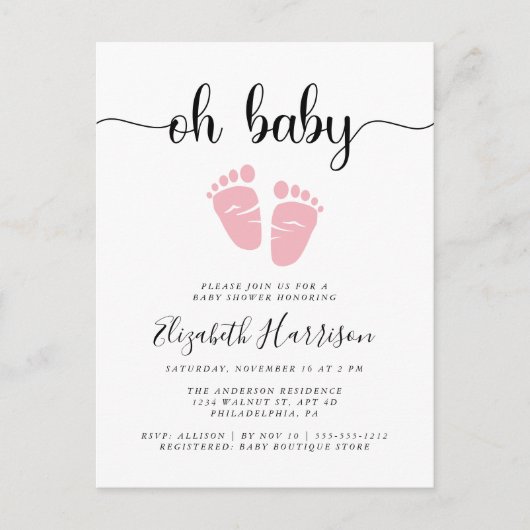 Invitation Carte Postale Douche pour bébé mignonne rose pieds (Devant)