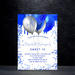 Invitation Carte Postale Doux 16 ballons bleu royal blanc gouttes de partie<br><div class="desc">Un arrière - plan blanc. Décoré avec la fausse parties scintillant bleue royale gouttes de peinture goutte à goutte, scintille. Ballons Royal bleu et faux argent. Personnalisez et ajoutez un nom et des détails du parti. Le nom est écrit avec un script de style écrit à la main. Retour :...</div>