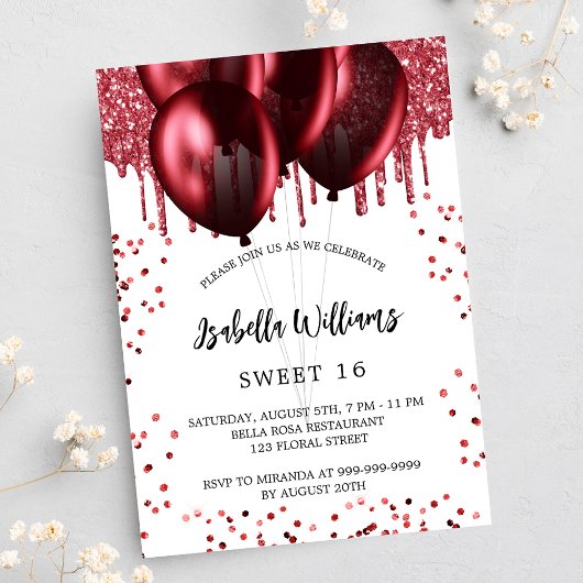 Invitation Carte Postale Doux 16 ballons rouges blanc