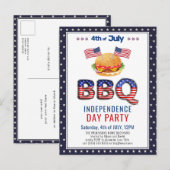 Invitation Carte Postale Drapeau américain Rouge Bleu 4 juillet BBQ (Devant / Derrière)