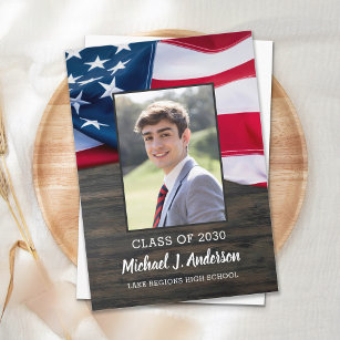 Invitation Carte Postale Drapeau patriotique USA Photo Graduation militaire