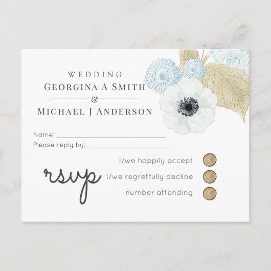 Invitation Carte Postale Dusty Bleu Blanc Marine Anemone Mariage BUDGET (Devant)