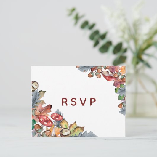 Invitation Carte Postale Dusty Blue Bourgogne Automne Champignons Mariage R (Debout devant)