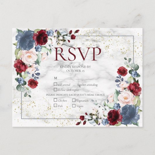 Invitation Carte Postale Dusty Blue Bourgogne Blush Gold Wedding RSVP (Devant)