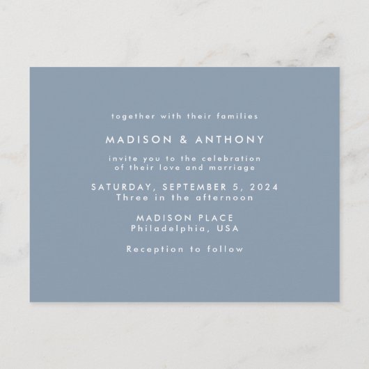 Invitation Carte Postale Dusty Blue Calligraphy Enregistrer la date Mariage (Dos)