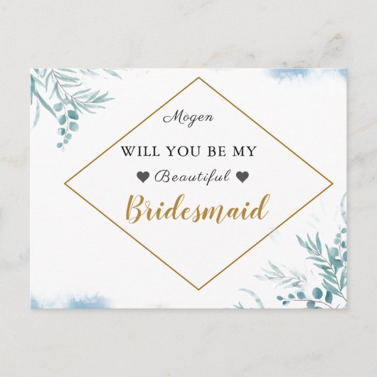 Invitation Carte Postale Dusty Blue Greenery Feuille Mariage Bridesmaid (Devant)