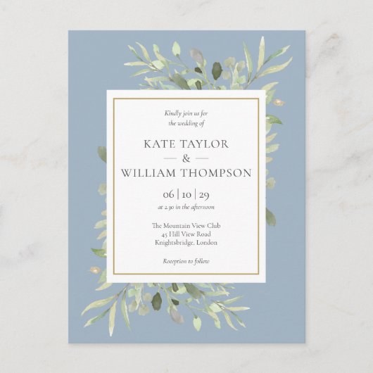 Invitation Carte Postale Dusty Blue Greenery Photo Mariage Feuille (Devant)