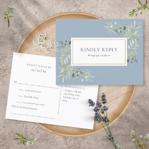 Invitation Carte Postale Dusty Blue Greenery Wedding RSVP Postcard
