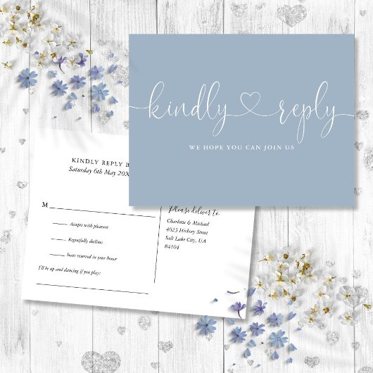 Invitation Carte Postale Dusty Blue Heart Script Chanson Demande RSVP