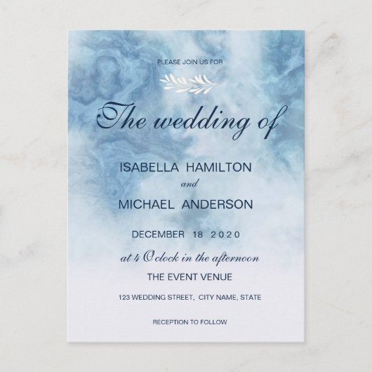 Invitation Carte Postale Dusty Blue Winter Script Calligraphie White Branch (Devant)