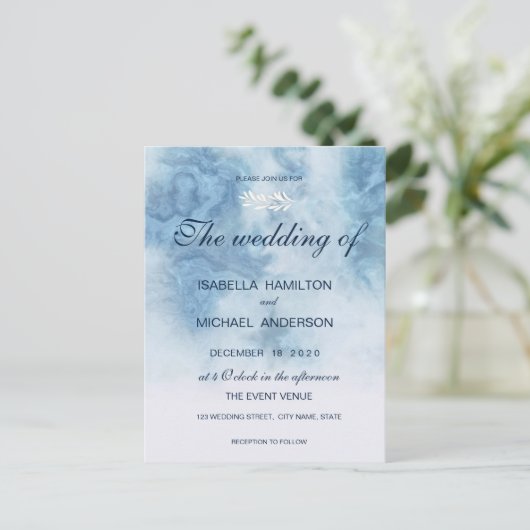 Invitation Carte Postale Dusty Blue Winter Script Calligraphie White Branch (Debout devant)
