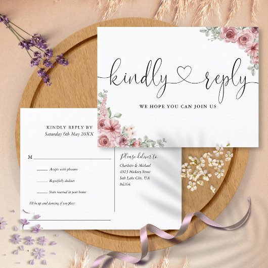 Invitation Carte Postale Dusty Rose Floral Heart Script Demande de chanson