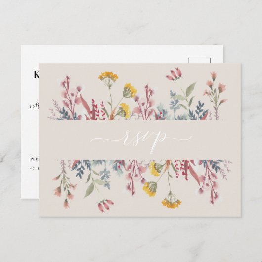 Invitation Carte Postale Eau Fleur sauvage poussiéreuse Choix de repas RSVP (Devant / Derrière)