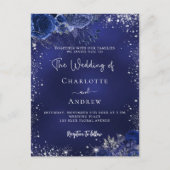 Invitation Carte Postale Écriture de fleurs bleu marine en argent mariage (Devant)