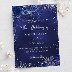 Invitation Carte Postale Écriture de fleurs bleu marine en argent mariage