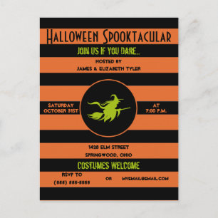 Invitation Carte Postale Éffrayante fête d'Halloween orange, noir et vert