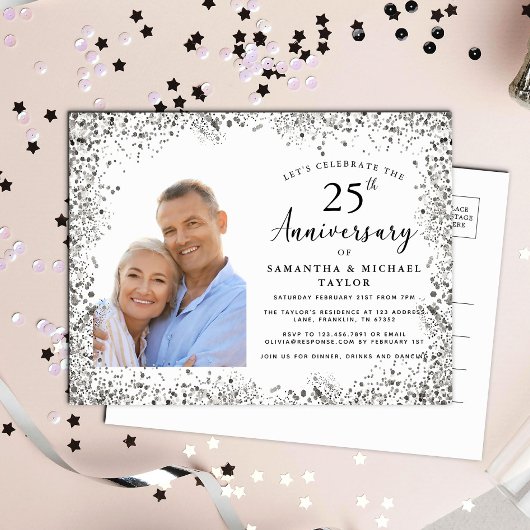 Invitation Carte Postale Élégant 25e anniversaire de Mariage en argent
