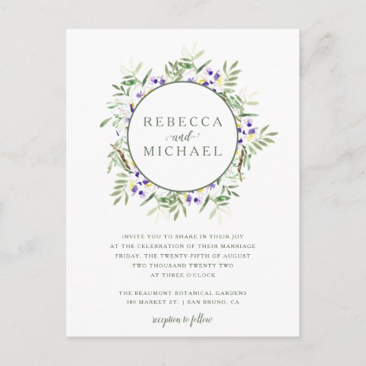 Invitation Carte Postale Elégant Aquarelle Wisteria Wreath Mariage (Devant)