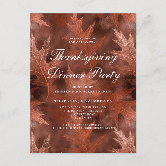 Invitation Carte Postale Élégant automne quitte Thanksgiving Dîner fête (Devant)