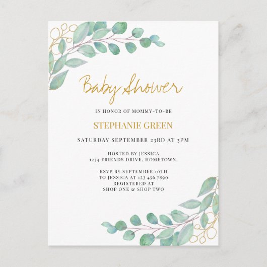 Invitation Carte Postale Elégant Baby shower de verdure Eucalyptus (Devant)