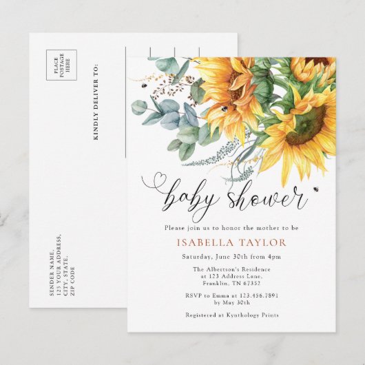 Invitation Carte Postale Élégant Baby shower rustique de tournesol (Devant / Derrière)